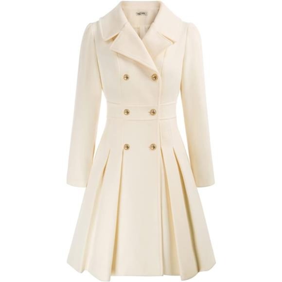 Women's Trench Coat Notch Lapel Double Breasted Thick A Line Pea Coat, White